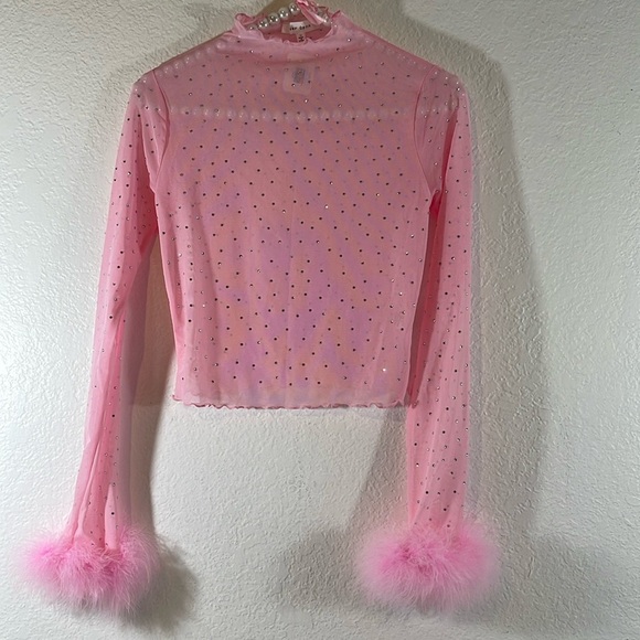 BEAR DANCE Long Sleeve Fur Trim Rhinestone Mesh Top Size Medium New - Picture 2 of 11